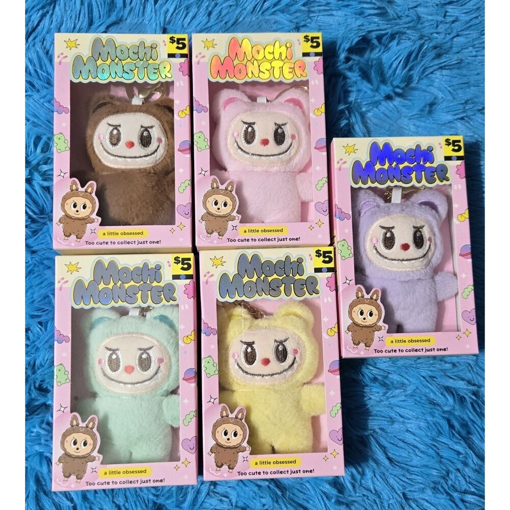 Mochi Monster Set of 5 Plush Charm 5" Keychains With Gold Hardware Collectibles